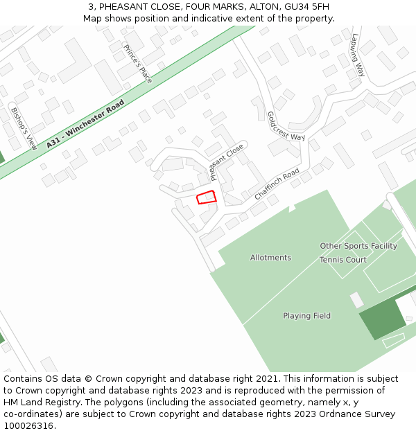 3, PHEASANT CLOSE, FOUR MARKS, ALTON, GU34 5FH: Location map and indicative extent of plot