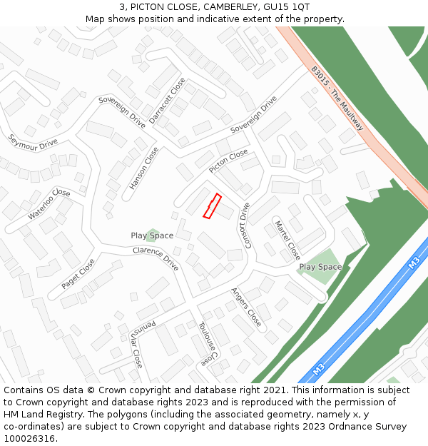 3, PICTON CLOSE, CAMBERLEY, GU15 1QT: Location map and indicative extent of plot