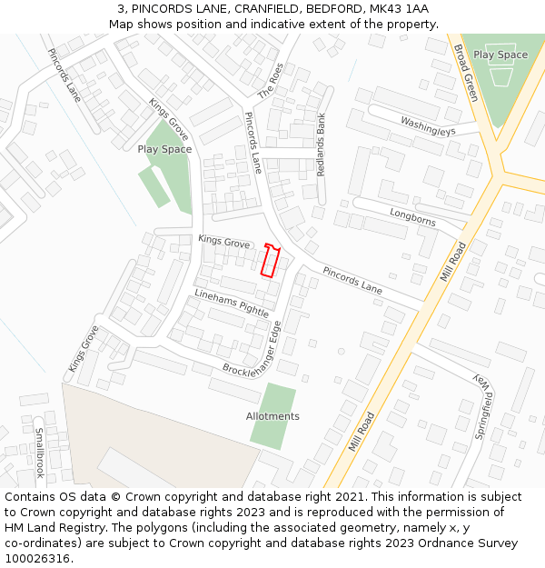 3, PINCORDS LANE, CRANFIELD, BEDFORD, MK43 1AA: Location map and indicative extent of plot