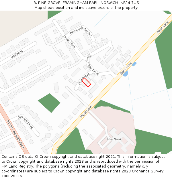 3, PINE GROVE, FRAMINGHAM EARL, NORWICH, NR14 7US: Location map and indicative extent of plot