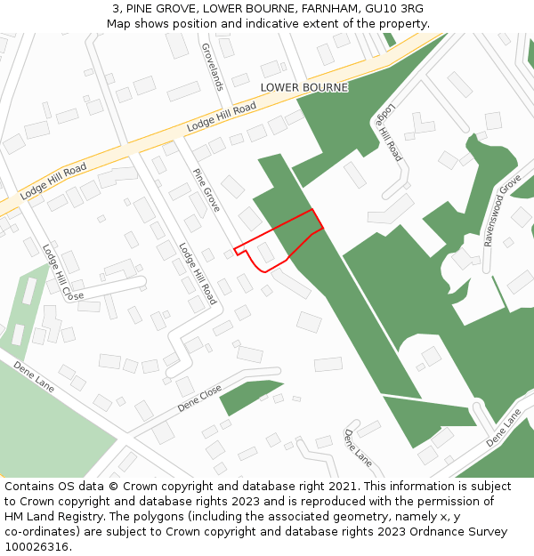 3, PINE GROVE, LOWER BOURNE, FARNHAM, GU10 3RG: Location map and indicative extent of plot