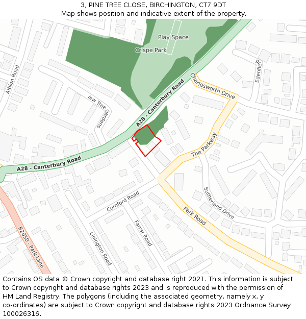 3, PINE TREE CLOSE, BIRCHINGTON, CT7 9DT: Location map and indicative extent of plot