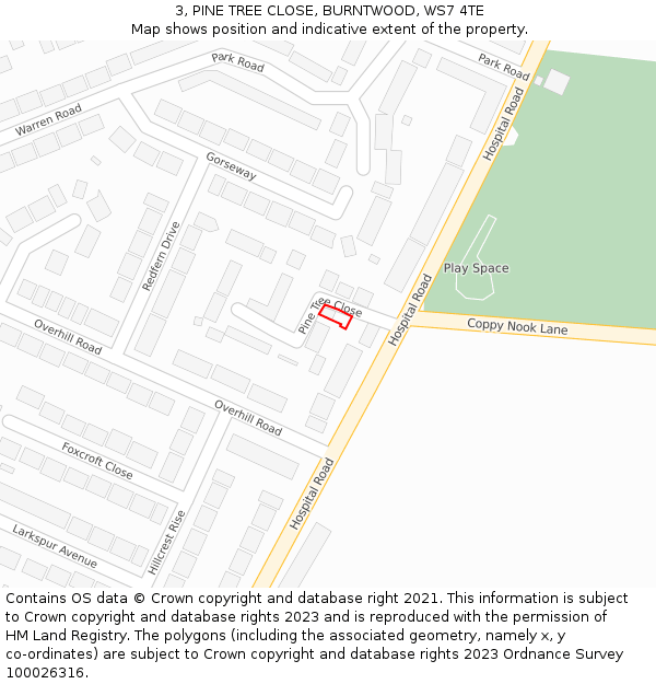 3, PINE TREE CLOSE, BURNTWOOD, WS7 4TE: Location map and indicative extent of plot