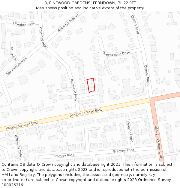 3, PINEWOOD GARDENS, FERNDOWN, BH22 9TT: Location map and indicative extent of plot