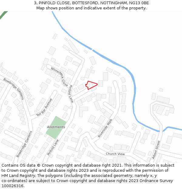 3, PINFOLD CLOSE, BOTTESFORD, NOTTINGHAM, NG13 0BE: Location map and indicative extent of plot