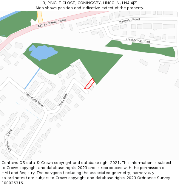 3, PINGLE CLOSE, CONINGSBY, LINCOLN, LN4 4JZ: Location map and indicative extent of plot