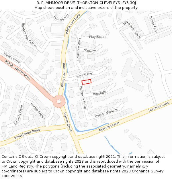 3, PLAINMOOR DRIVE, THORNTON-CLEVELEYS, FY5 3QJ: Location map and indicative extent of plot