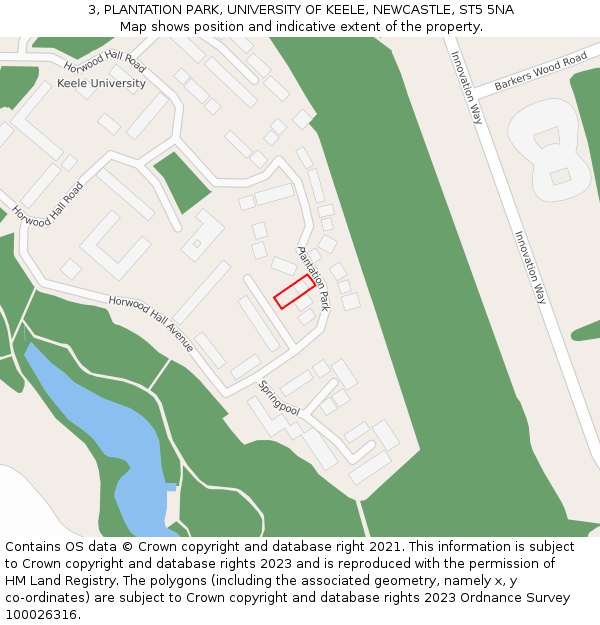 3, PLANTATION PARK, UNIVERSITY OF KEELE, NEWCASTLE, ST5 5NA: Location map and indicative extent of plot