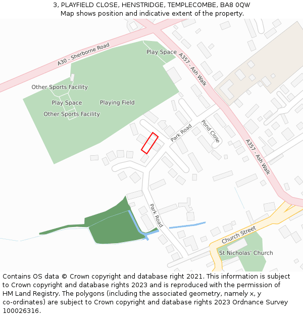 3, PLAYFIELD CLOSE, HENSTRIDGE, TEMPLECOMBE, BA8 0QW: Location map and indicative extent of plot