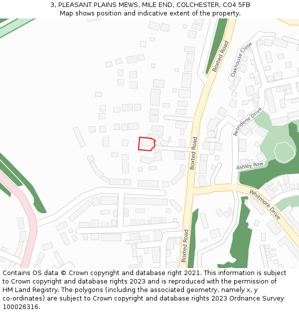 3, PLEASANT PLAINS MEWS, MILE END, COLCHESTER, CO4 5FB: Location map and indicative extent of plot