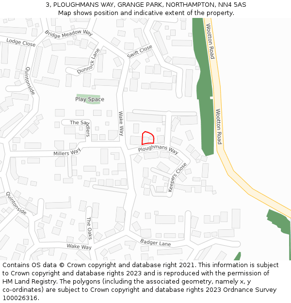 3, PLOUGHMANS WAY, GRANGE PARK, NORTHAMPTON, NN4 5AS: Location map and indicative extent of plot