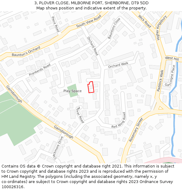 3, PLOVER CLOSE, MILBORNE PORT, SHERBORNE, DT9 5DD: Location map and indicative extent of plot