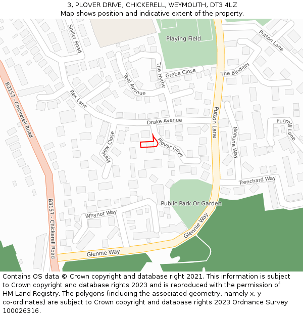 3, PLOVER DRIVE, CHICKERELL, WEYMOUTH, DT3 4LZ: Location map and indicative extent of plot