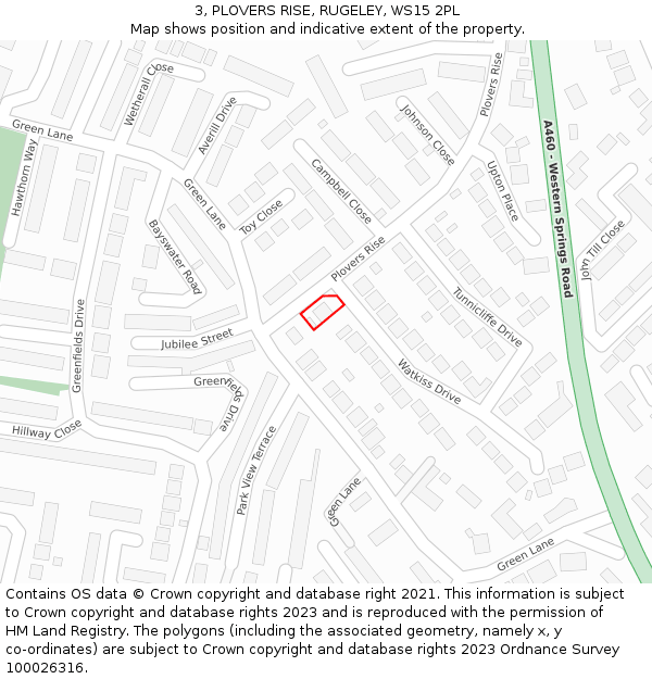 3, PLOVERS RISE, RUGELEY, WS15 2PL: Location map and indicative extent of plot