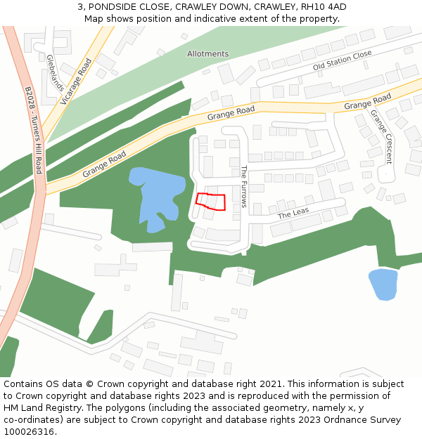 3, PONDSIDE CLOSE, CRAWLEY DOWN, CRAWLEY, RH10 4AD: Location map and indicative extent of plot