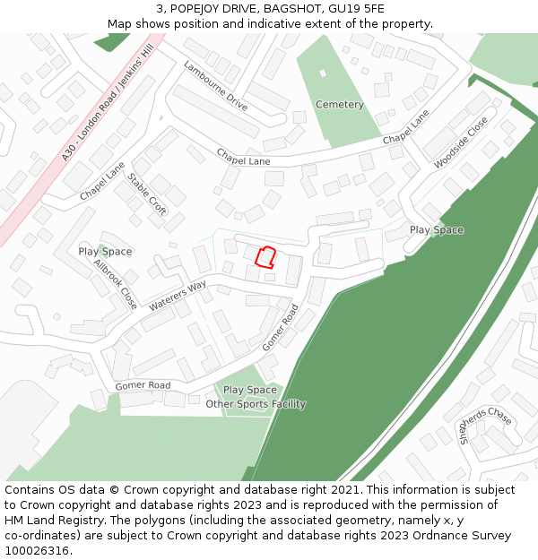 3, POPEJOY DRIVE, BAGSHOT, GU19 5FE: Location map and indicative extent of plot