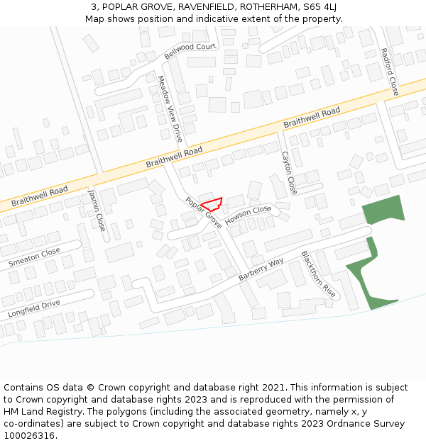 3, POPLAR GROVE, RAVENFIELD, ROTHERHAM, S65 4LJ: Location map and indicative extent of plot