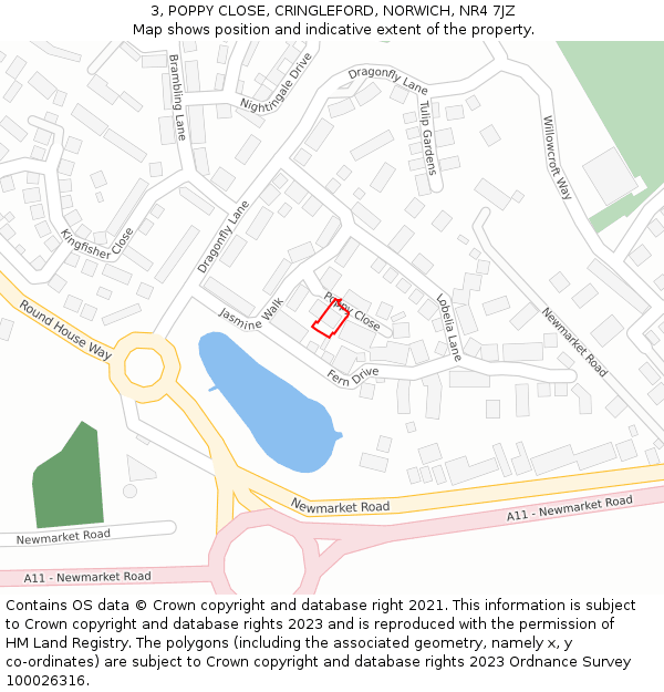 3, POPPY CLOSE, CRINGLEFORD, NORWICH, NR4 7JZ: Location map and indicative extent of plot