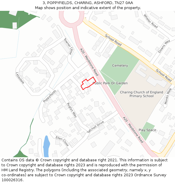 3, POPPYFIELDS, CHARING, ASHFORD, TN27 0AA: Location map and indicative extent of plot