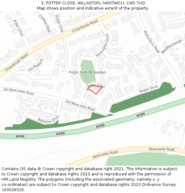 3, POTTER CLOSE, WILLASTON, NANTWICH, CW5 7HQ: Location map and indicative extent of plot