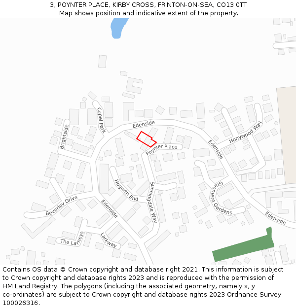 3, POYNTER PLACE, KIRBY CROSS, FRINTON-ON-SEA, CO13 0TT: Location map and indicative extent of plot