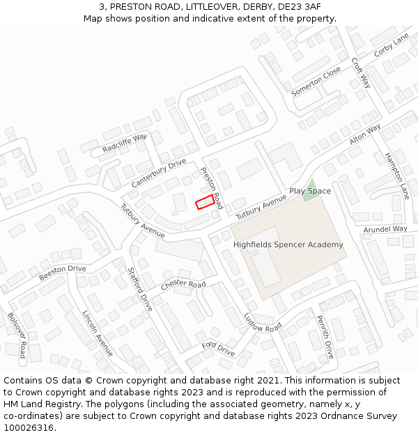 3, PRESTON ROAD, LITTLEOVER, DERBY, DE23 3AF: Location map and indicative extent of plot