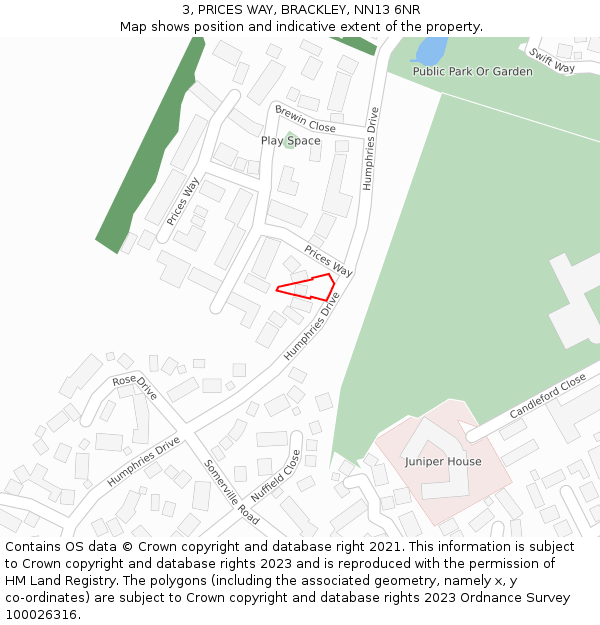 3, PRICES WAY, BRACKLEY, NN13 6NR: Location map and indicative extent of plot