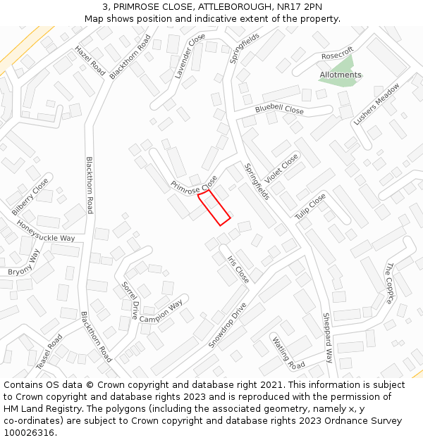 3, PRIMROSE CLOSE, ATTLEBOROUGH, NR17 2PN: Location map and indicative extent of plot