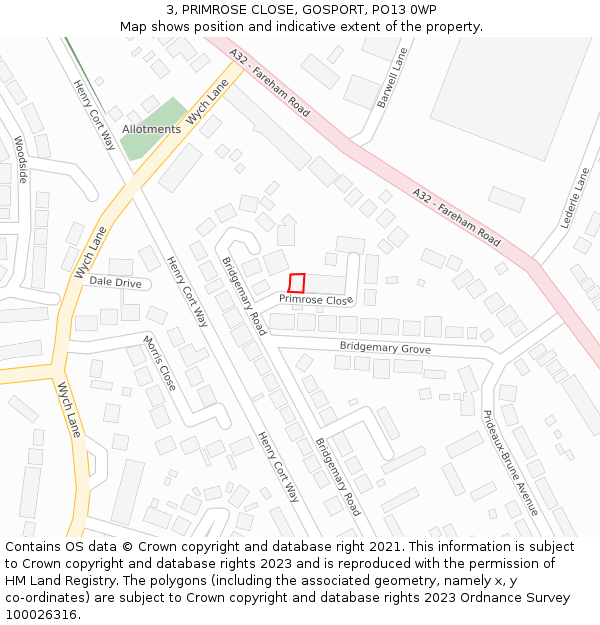 3, PRIMROSE CLOSE, GOSPORT, PO13 0WP: Location map and indicative extent of plot