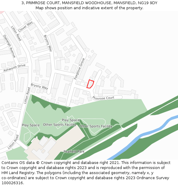 3, PRIMROSE COURT, MANSFIELD WOODHOUSE, MANSFIELD, NG19 9DY: Location map and indicative extent of plot