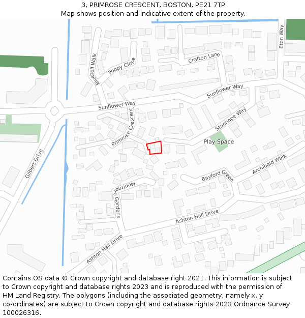 3, PRIMROSE CRESCENT, BOSTON, PE21 7TP: Location map and indicative extent of plot