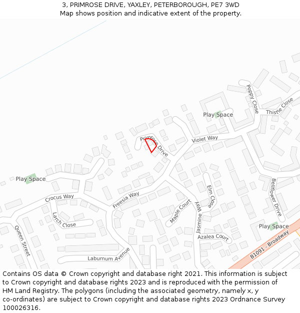 3, PRIMROSE DRIVE, YAXLEY, PETERBOROUGH, PE7 3WD: Location map and indicative extent of plot