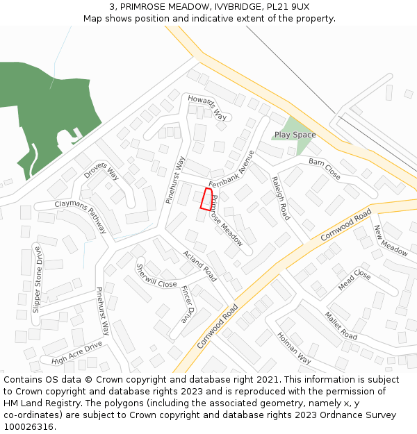 3, PRIMROSE MEADOW, IVYBRIDGE, PL21 9UX: Location map and indicative extent of plot