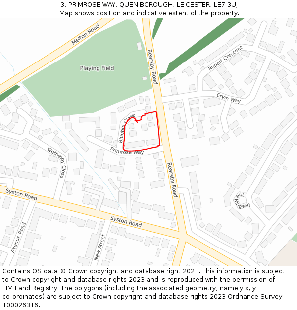 3, PRIMROSE WAY, QUENIBOROUGH, LEICESTER, LE7 3UJ: Location map and indicative extent of plot