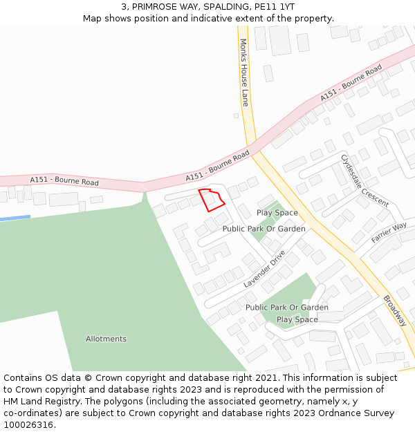 3, PRIMROSE WAY, SPALDING, PE11 1YT: Location map and indicative extent of plot