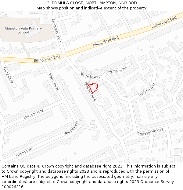 3, PRIMULA CLOSE, NORTHAMPTON, NN3 3QD: Location map and indicative extent of plot