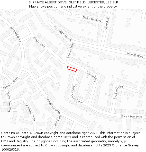 3, PRINCE ALBERT DRIVE, GLENFIELD, LEICESTER, LE3 8LP: Location map and indicative extent of plot