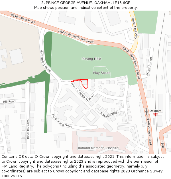 3, PRINCE GEORGE AVENUE, OAKHAM, LE15 6GE: Location map and indicative extent of plot