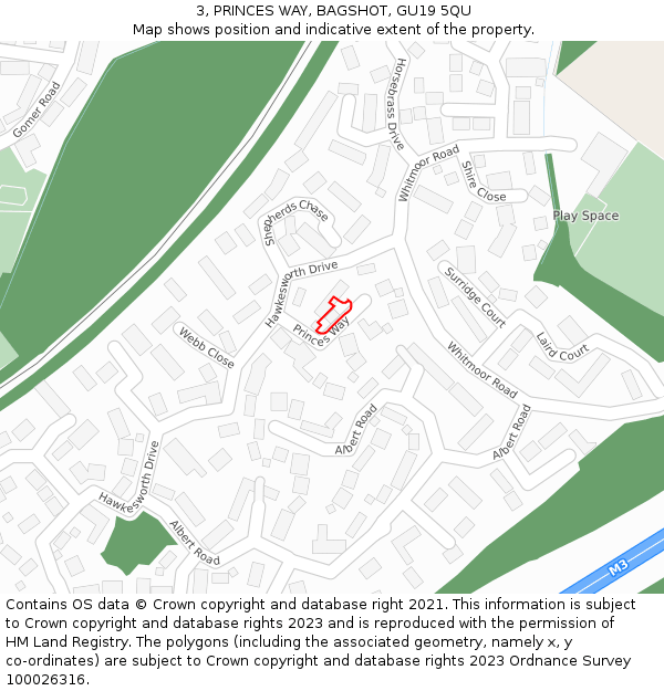 3, PRINCES WAY, BAGSHOT, GU19 5QU: Location map and indicative extent of plot