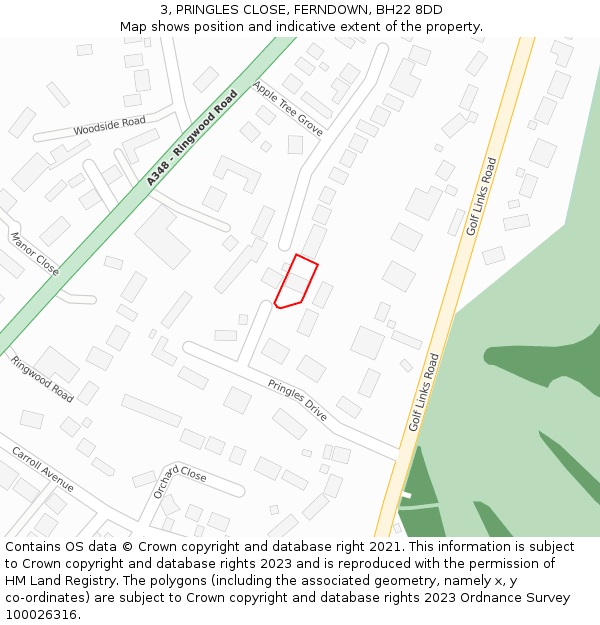 3, PRINGLES CLOSE, FERNDOWN, BH22 8DD: Location map and indicative extent of plot