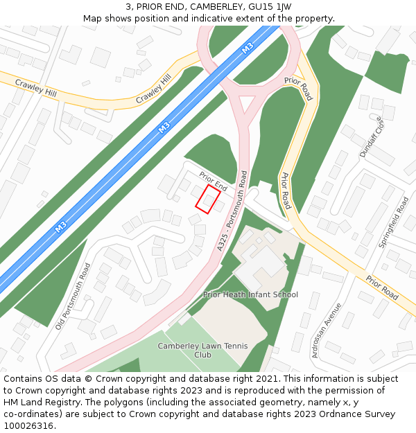 3, PRIOR END, CAMBERLEY, GU15 1JW: Location map and indicative extent of plot