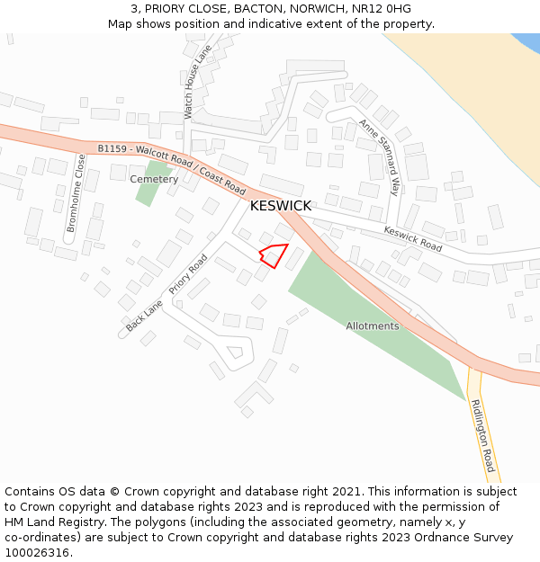 3, PRIORY CLOSE, BACTON, NORWICH, NR12 0HG: Location map and indicative extent of plot