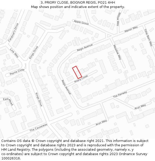 3, PRIORY CLOSE, BOGNOR REGIS, PO21 4HH: Location map and indicative extent of plot