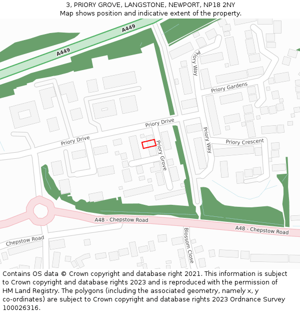 3, PRIORY GROVE, LANGSTONE, NEWPORT, NP18 2NY: Location map and indicative extent of plot