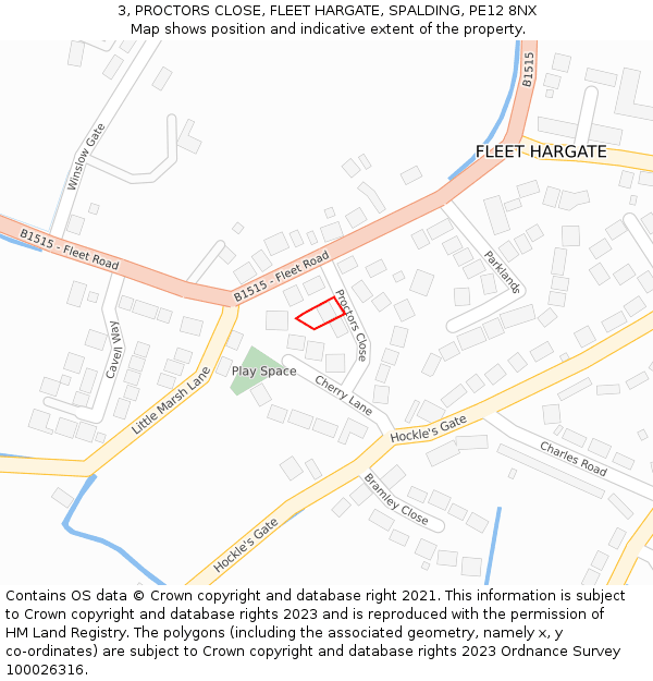 3, PROCTORS CLOSE, FLEET HARGATE, SPALDING, PE12 8NX: Location map and indicative extent of plot