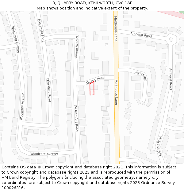 3, QUARRY ROAD, KENILWORTH, CV8 1AE: Location map and indicative extent of plot