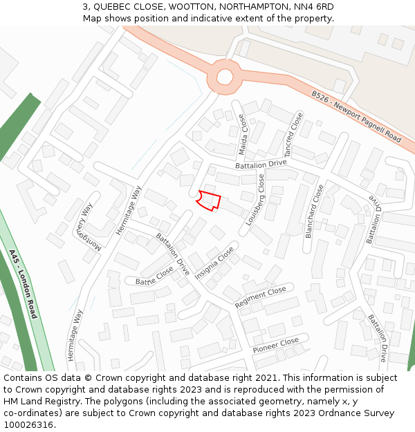 3, QUEBEC CLOSE, WOOTTON, NORTHAMPTON, NN4 6RD: Location map and indicative extent of plot