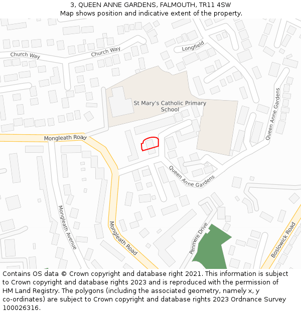 3, QUEEN ANNE GARDENS, FALMOUTH, TR11 4SW: Location map and indicative extent of plot