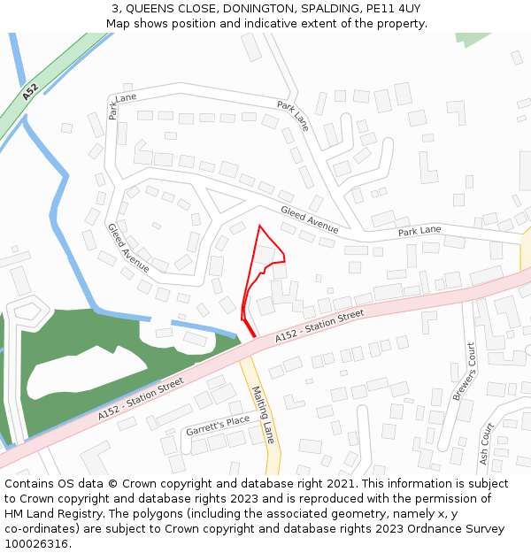 3, QUEENS CLOSE, DONINGTON, SPALDING, PE11 4UY: Location map and indicative extent of plot