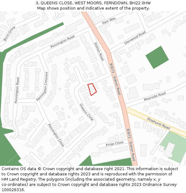 3, QUEENS CLOSE, WEST MOORS, FERNDOWN, BH22 0HW: Location map and indicative extent of plot